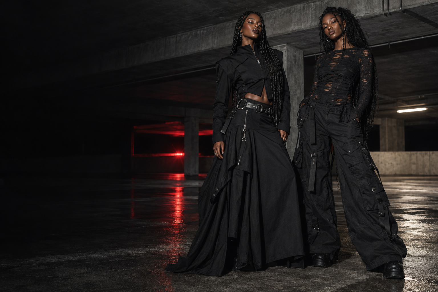 Two Black women in black alternative fashion photographed in a concrete garage